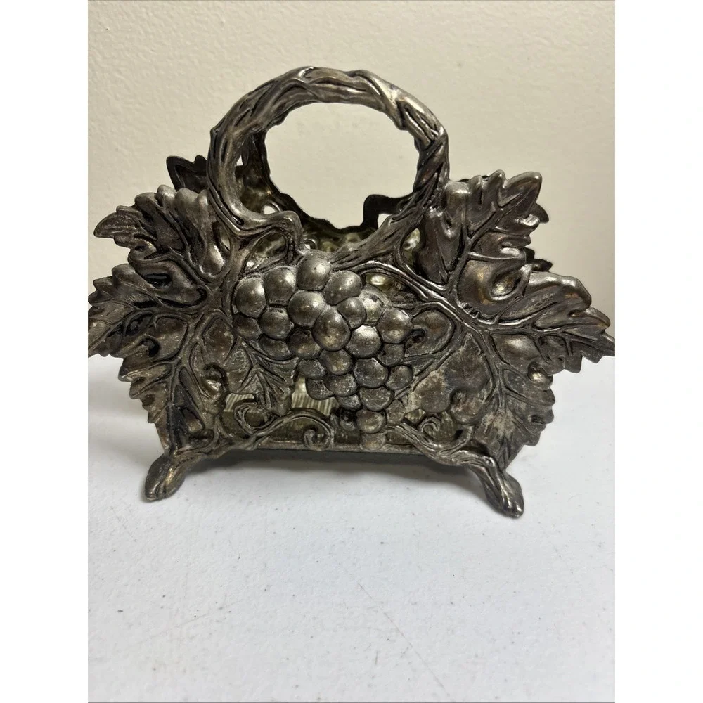 Vntg Silver Plated Napkin Holder w/ Ornate Grape Design by Studio Silversmiths